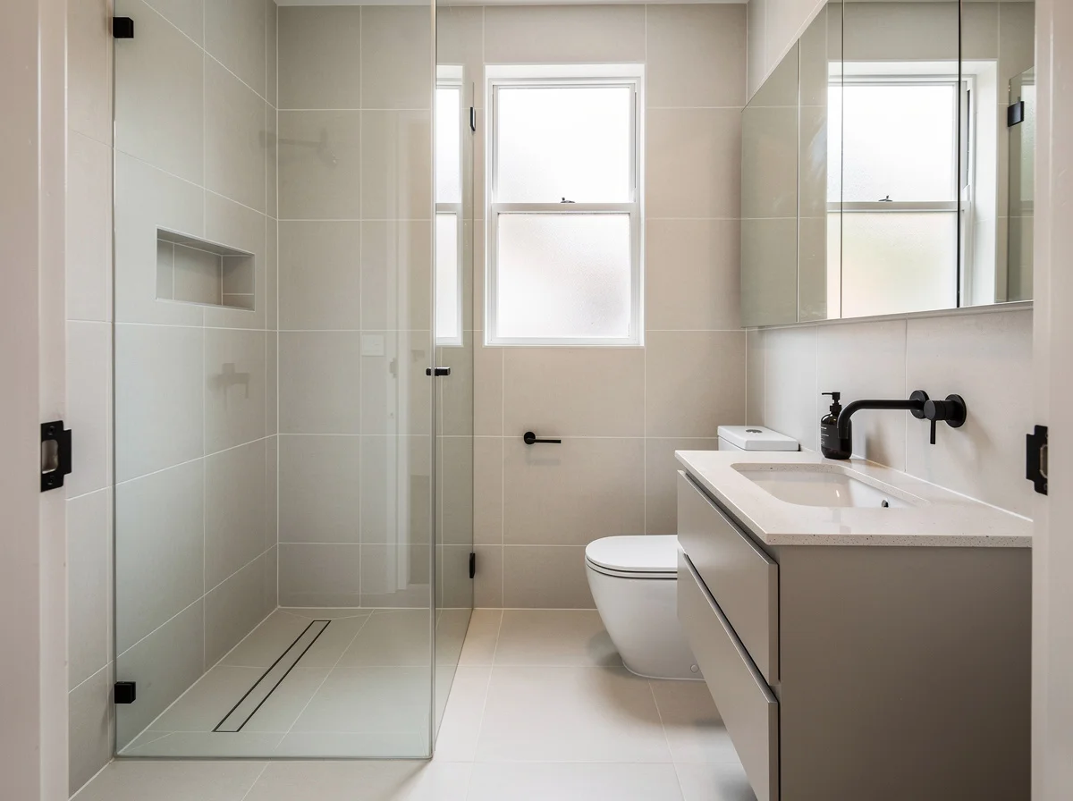 The completed Paddington ensuite, full-height warm-white porcelain tile, a frameless shower screen and a wall-hung stone vanity