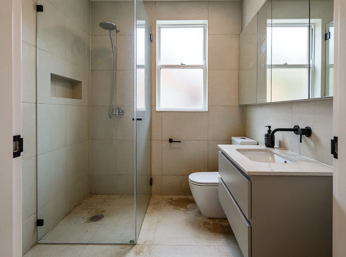 The same Paddington ensuite before renovation: failed cream tiles, brown water staining at the shower corner and a dated vanity