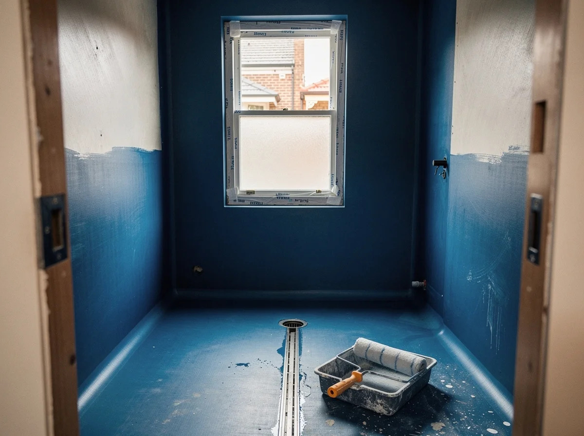 The Paddington ensuite mid-renovation, cement-sheet walls and floor under a blue two-coat waterproof membrane, sealed floor waste