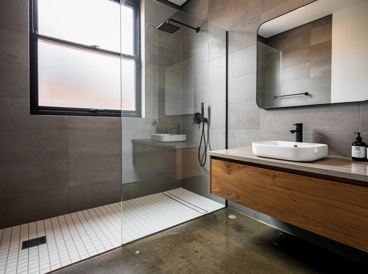 A finished Alexandria warehouse ensuite, polished concrete floor, matte porcelain wet wall, a steel window and a floating timber vanity