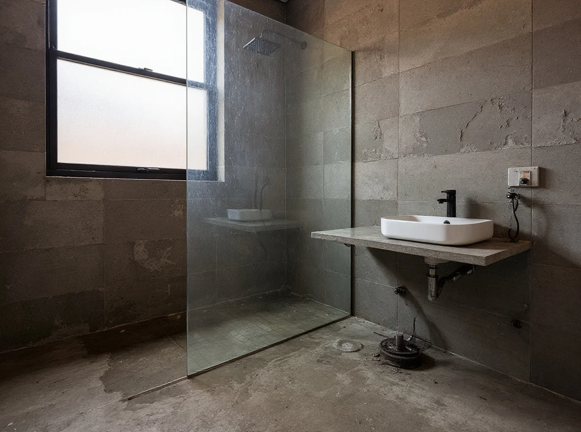The same Alexandria ensuite shell before the build: half-removed old tiles, a stained concrete floor and a disconnected old vanity