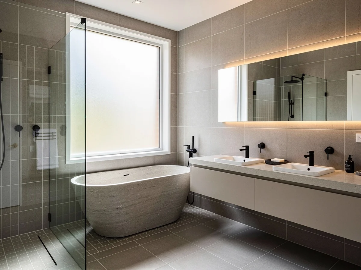A finished Mosman main bathroom, warm-grey porcelain tile, a frameless shower screen, a twin-basin stone vanity and a freestanding bath