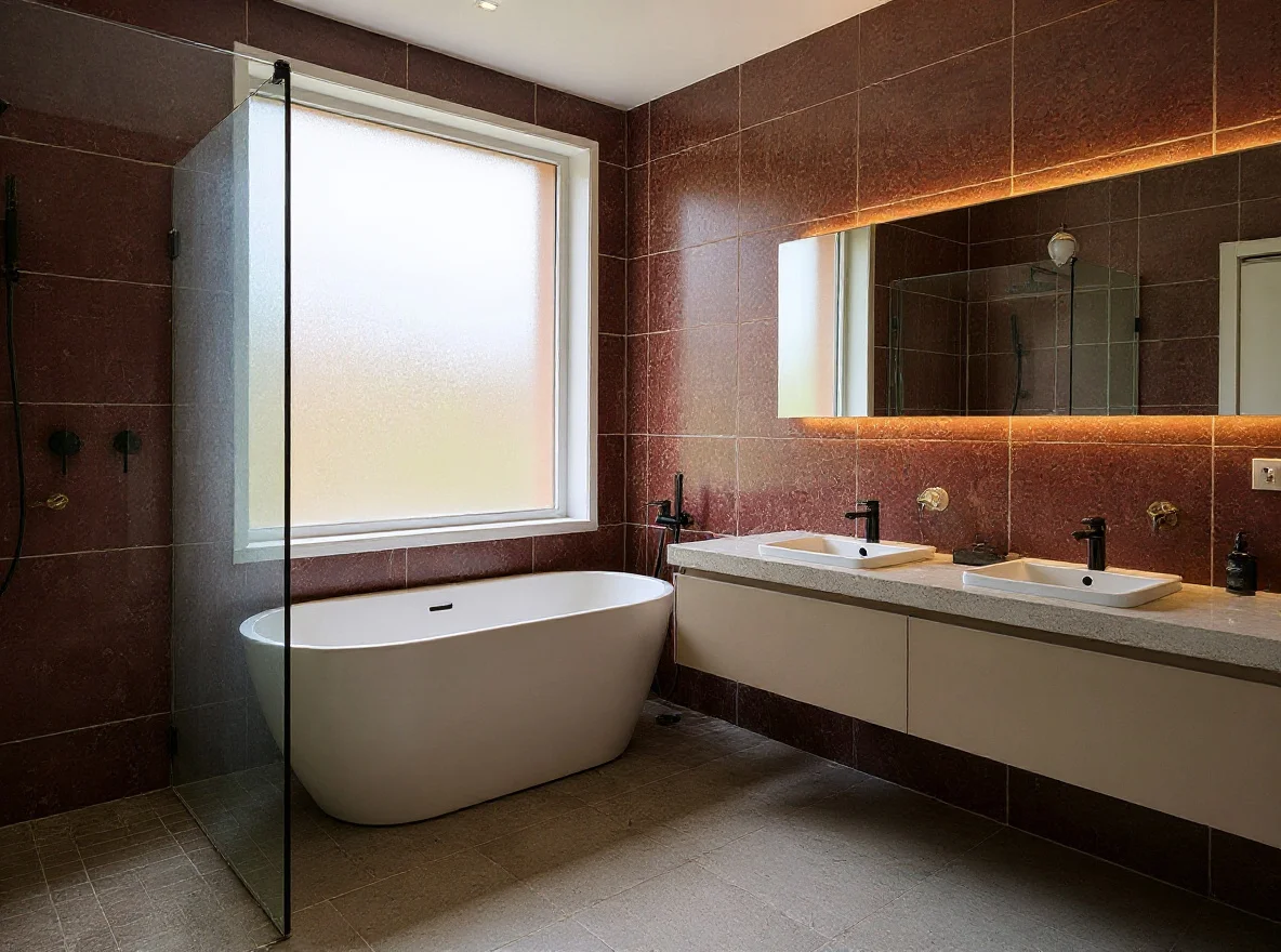 The same Mosman bathroom before renovation: dated almond and burgundy tiles, a cream acrylic bath and an old laminate vanity